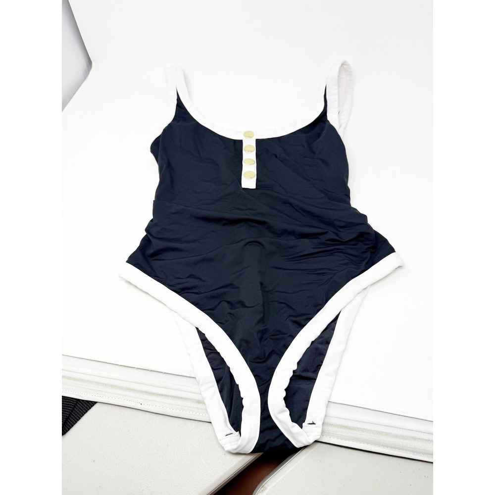 Show Me Your Mumu Black White Henley Button One Piece Swimsuit Large MMS5-412
